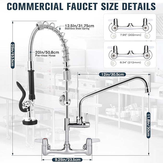 Commercial Faucet with Sprayer, 25 Inch Height Commercial Sink Faucet Wall Mount with 8" Adjustable Center and 12" Add-on Swing Spout & Pull Down Pre Rinse Sprayer