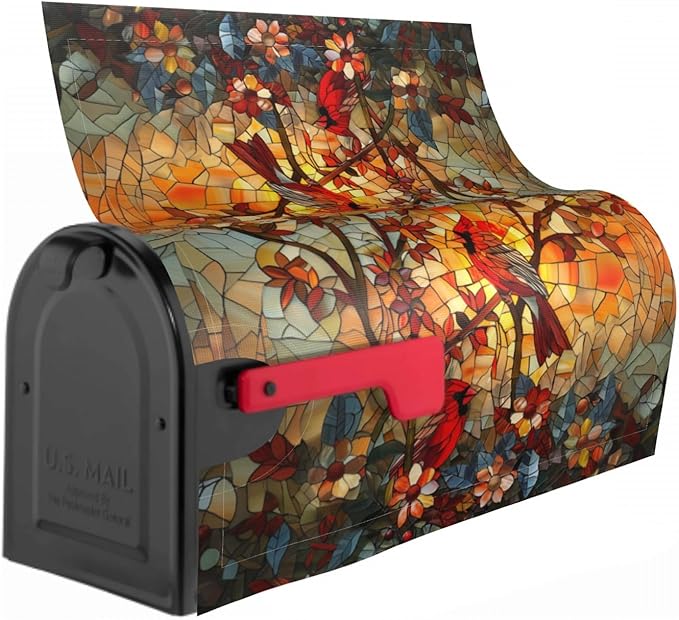 Giwawa Stained Glass Cardinal Birds Mailbox Covers Magnetic for Fall Mailbox Cover Large Autumn Mail Box Covers Oversized 25.5 x 21 Thanksgiving Decorations Outdoor Welcome Mailbox Wrap