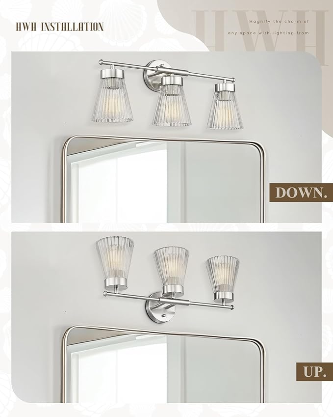 Brushed Nickel Bathroom Vanity Light, HWH 3-Light Vanity Lights for Bathroom Vanity Wall Lamp Over Mirror, Modern Vanity Light Fixtures with Striped Clear Glass, 5HZG97B-3W BN