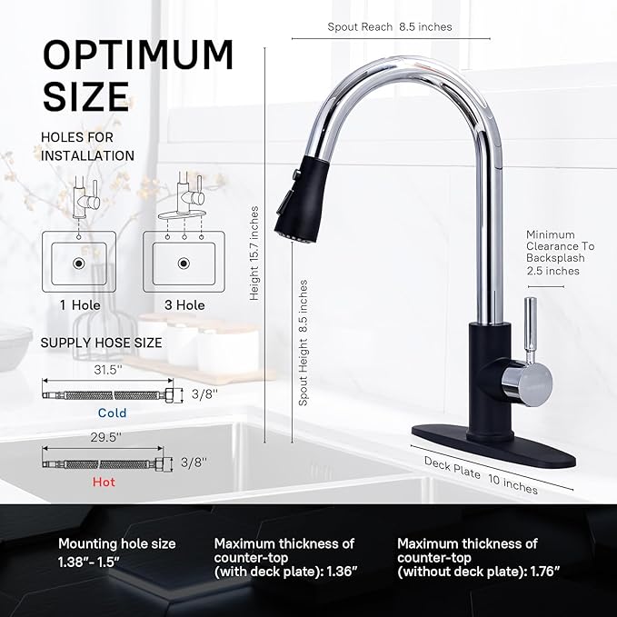 WEWE Kitchen Sink Faucet, Pull Down Kitchen Faucet, Black and Chrome Kitchen Faucet with Sprayer Stainless Steel Single Handle one or Three Hole for Laundry bar Kitchen Sinks