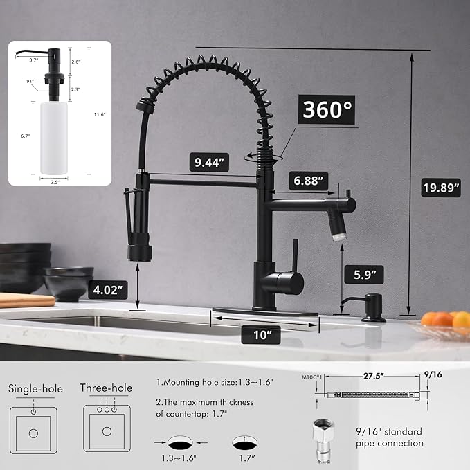 AIMADI Matte Black Kitchen Faucet with Soap Dispenser Include 10 Inch Hole Cover Deck Plate