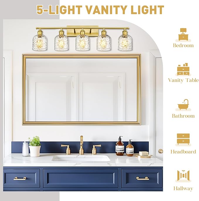 zeyu 34.8'' Gold Bathroom Wall Light, 5 Light Bathroom Vanity Light for Mirror Living Room, Brushed Gold Finish with Clear Hammered Glass, ZJF63B-5W BG