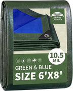 RAINDEWAY Small Waterproof Tarp 6x8 Feet,10.5 Mil Tarps Heavy Duty Waterproof with Metal Grommets and Reinforced Edges,UV Resistant,Durable,Green/Blue Tarp