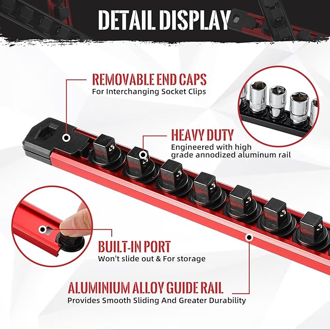 Magnetic Socket Organizer, 1-Piece Heavty Duty Aluminum Socket Holder, Socket Rail for Tool Box, Premium Quality 360° Swivel Socket Rack with 12 Clips for 1/2-Inch(Red)