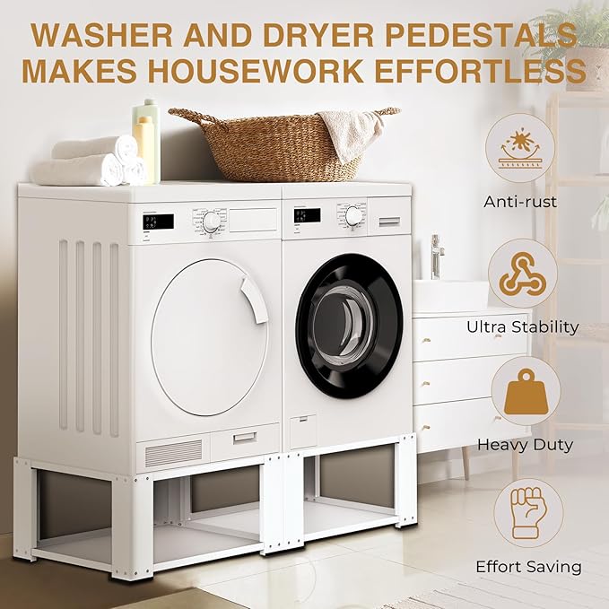 Washer and Dryer Pedestals Set of 2-Fit 27 and 28 Inch, Laundry Pedestal for Washer and Dryer , Alloy Steel Washing Machine Stand Raiser,Washer and Dryer Stand 15.75'' Height White