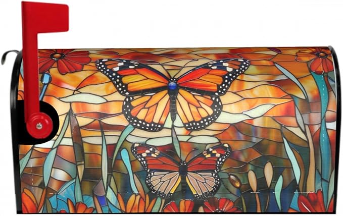 Giwawa Stained Glass Monarch Butterfly Magnetic for Fall Mailbox Cover Large Autumn Mail Box Covers Oversized 25.5 x 21 Thanksgiving Decorations Outdoor Welcome Mailbox Wrap