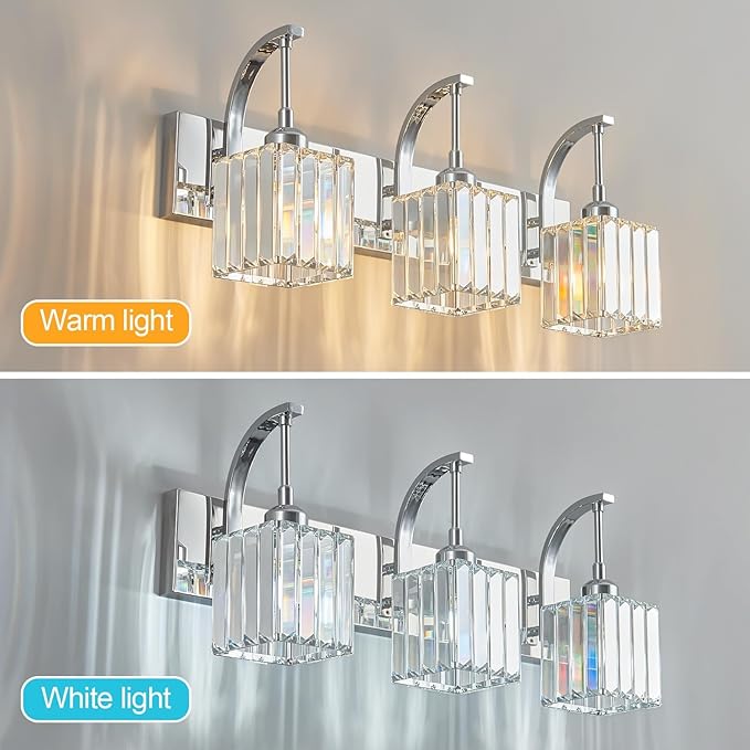 Crystal Vanity Lights 3-Light Chrome Bathroom Vanity Lights Modern Crystal Bathroom Light Fixtures Over Mirror 23.62" Long Vanity Light for Bathroom