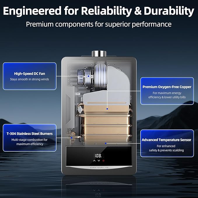 Propane Gas Tankless Water Heater, Indoor Max 4.2 GPM, 102,000 BTU On Demand Instant Hot Water Heater Propane Gas with LED Temperature Control Panel, 1/2" NPT Connector Size, CSA Certified, Gray