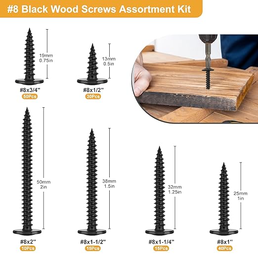 160Pcs #8 Modified Truss Head Wood Screws Assortment Kit, Stainless Steel 410 Quick Metal,Black Zinc Plated,Self Tapping Screws, 6 Sizes (1/2", 3/4", 1", 1-1/4", 1-1/2", 2")