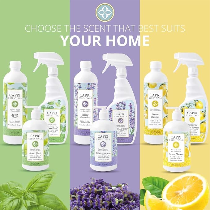CAPRI ESSENTIALS All Purpose Cleaner, Natural Household Cleaning Supplies, Plant Based Kitchen Counter Surface Spray, Removes Dirt & Grime, Blend of Essential Oils, White Lavender, 23 FL Oz (6 Pack)