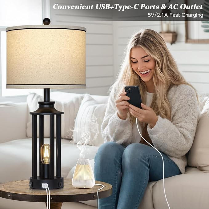 27.5" Black Farmhouse Table Lamps Set of 2, Tall Vintage Lamps for Living Room with USB A+C Charging Ports & AC Outlet, Rustic Bedside Lamp with Night Light, Bedroom Lamp for Nightstand Side End Table