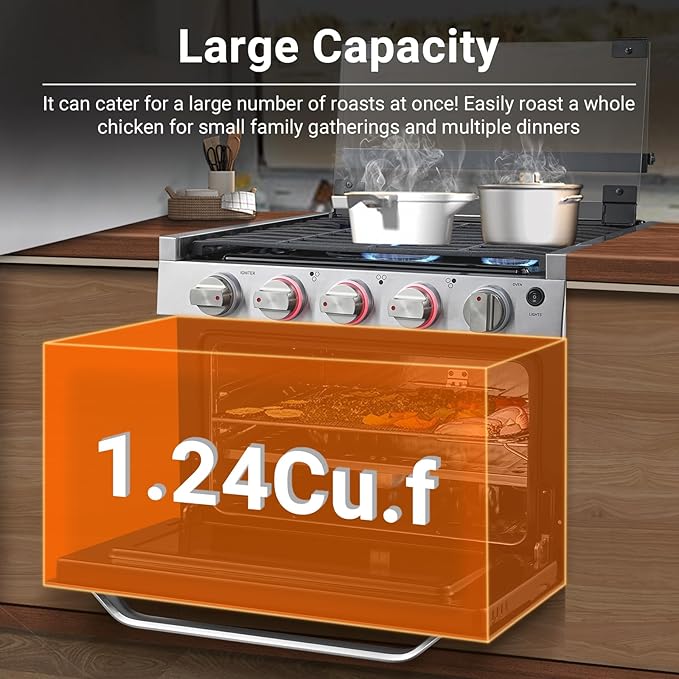AMZCHEF RV Gas Range 17 Inches Tall, 1.24 Cu.Ft Propane Range Oven with 3 Burners Stove for RV, Apartment, Mobile Home, Stainless Steel.