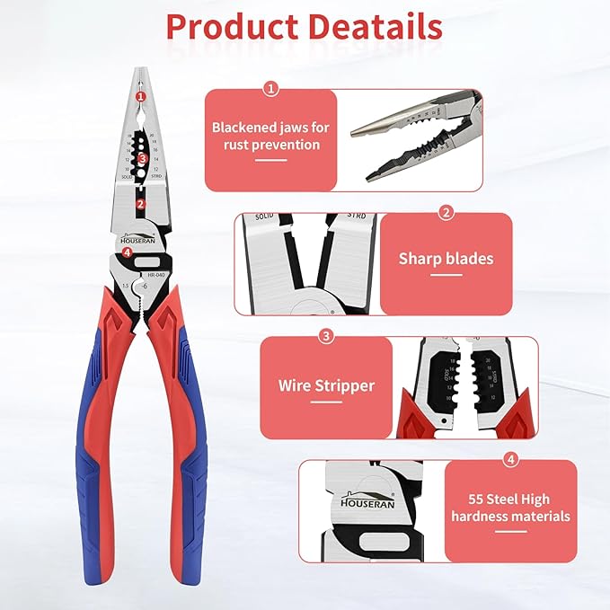 Needle Nose Pliers, Long Needle Nose Pliers with Wire Stripper and Crimper, 8.4 Inch Long Lose Pliers, 5-in-1 Needle Nose for Bending, Crimping, and Stripping