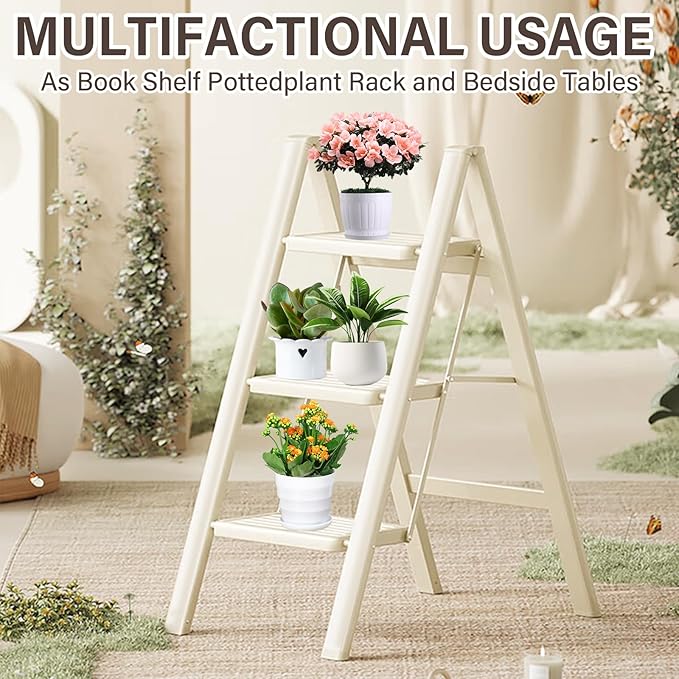 3 Step Ladder, Step Stool for Adults, Protable Carbon Steel Folding Stool with Wide Anti-Slip Wide Pedals, 330lbs Sturdy Steel Ladder for Household and Kitchen