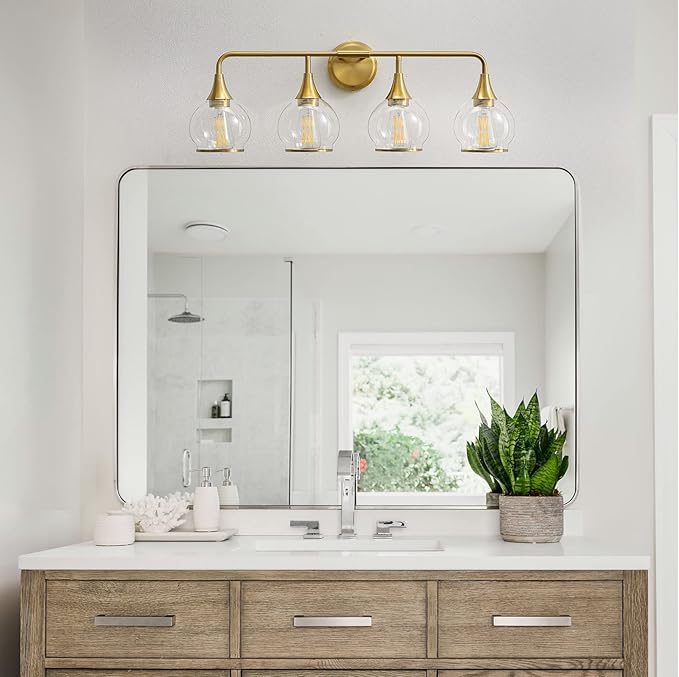 Gold Bathroom Vanity Light 4-Light Bathroom Vanity Light Fixtures Over Mirror with Clear Glass Shade 30.7 inch Wall Sconce Lighting Bath(Exclude E26 Bulb)