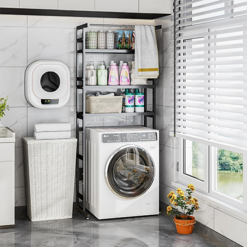 Dryer Storage Shel andf Over The Washer - Adjustable 4-Tier Heavy Duty Laundry Room Organizer, All Carbon Steel Standing Shelf with Hanging Rod, Anti-Tip Design, Super Stable 29.93" L x 11" D x 73" H