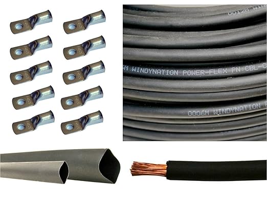 4 Gauge 4 AWG 50 Feet Black Welding Battery Pure Copper Flexible Cable + 10pcs of 3/8" Tinned Copper Cable Lug Terminal Connectors + 3 Feet Black Heat Shrink Tubing