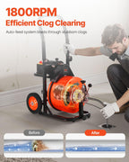 VEVOR 100 FT x 1/2 Inch Drain Cleaner Machine, Sewer Snake Auger Auto Feed with 4 Cutter & Air-activated Foot Switch for 2" to 4" Pipes, Orange, Black