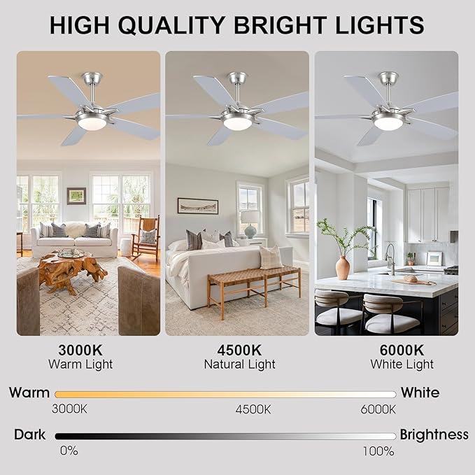 52 Inch Ceiling Fans with Lights and Remote, Modern Indoor Outdoor Ceiling Fan for Bedroom Living Room Patio Porch, 6 Speeds, Reversible Quiet Motor, Dual Finish Wooden Blades, Nickel