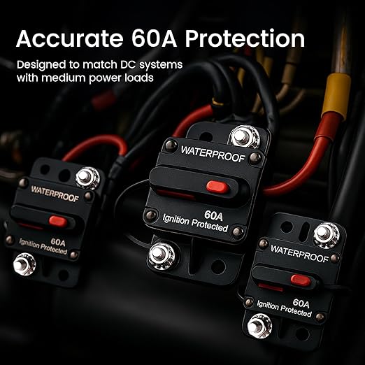 60A Waterproof DC Circuit Breaker with Manual Reset, 12V–48V Inline Fuse with Screws & Terminals for Trolling Motor, Marine, RV, Car Audio, Solar Battery System