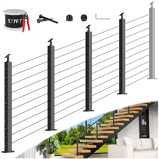 36" Expandable 12-16FT Black T304 Cable Railing Post Kit, Complete Cable Railing System with 4 Stair Posts, 177ft 1/8" Wire Rope(No Handrail), Adjustable Length Easy DIY for 25-35°Stairway