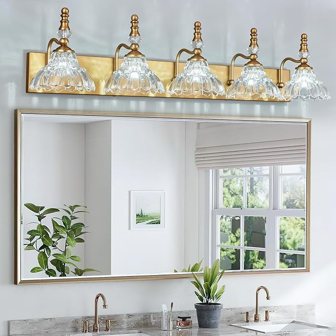 Vintage Bathroom Vanity Light, 5-Light Brass Vanity Lighting Fixture with Flower Glass Shade, Bathroom Lighting Fixtures Over Mirror