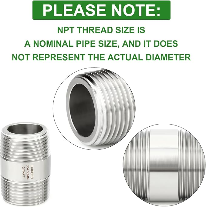 TAISHER 2PCS Stainless Steel Pipe Fittings, 3/4" NPT Male x 3/4" NPT Male Threaded, 2" Length Thickened Nipple Cast Pipe