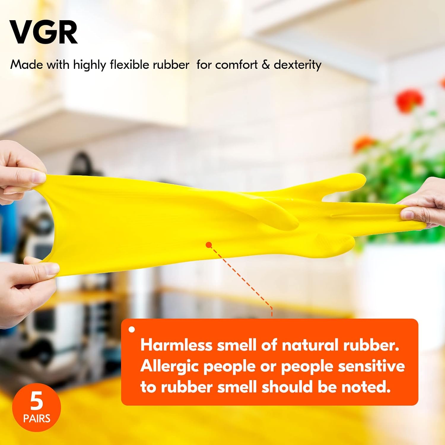 Vgo... 5-Pairs Reusable Household Gloves, Rubber Dishwashing gloves, Extra Thickness, Long Sleeves, Kitchen Cleaning, Working, Painting, Gardening, Pet Care (Size XL, Yellow, HH4601)