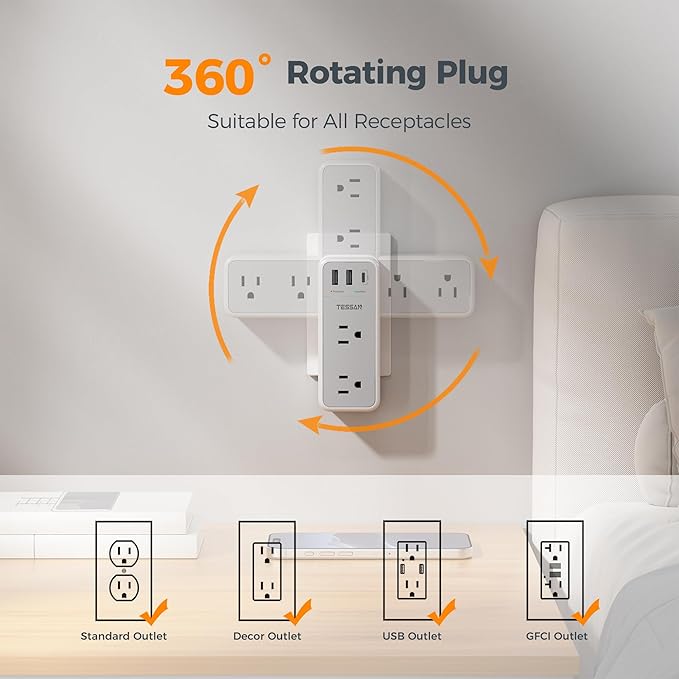 Multi Plug Wall Outlet Splitter with 360 Rotating Plug, TESSAN 1800J Surge Protector Outlet Extender with 6 AC and 3 USB Ports (1 USB C), 1875W, 3 Sided Plug Expander for Home Office Dorm Room