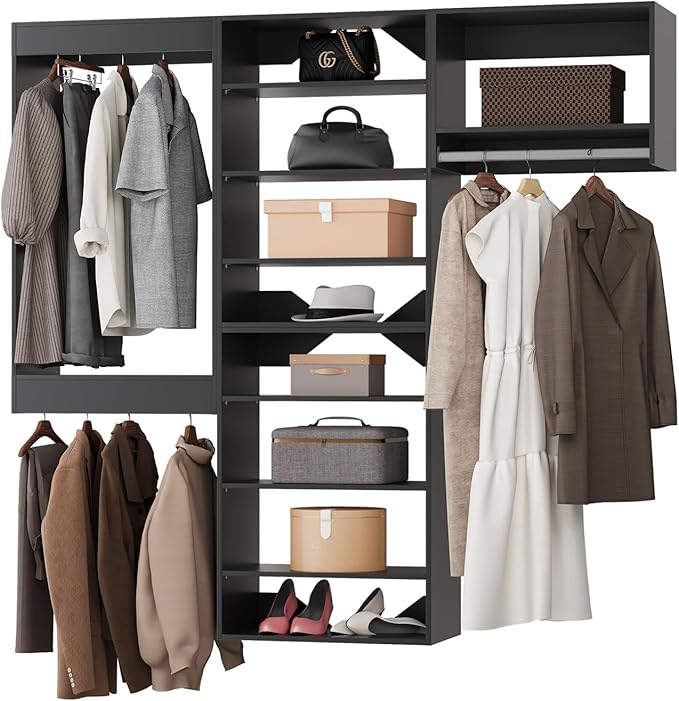 Modular Closet System - 66" Wide Organizer Towers, Wooden Storage for Walk-In Closets, Wall Mounted Wardrobe Organizer Kit - Black