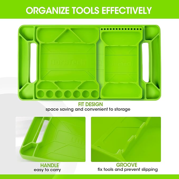DURATECH Flexible Tool Tray, Silicone Tool Holder for Mechanics Storage, Heat and Chemical Resistant Organizer for Automotive, Industry and Household(3pack Green)