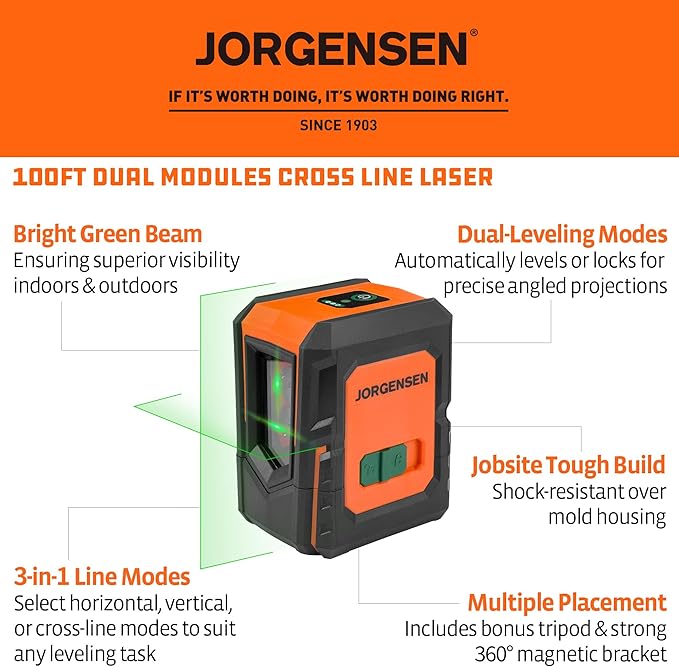 JORGENSEN Laser Level with Tripod, 100 FT Dual Modules Self Leveling Cross Line Laser Leveler Tool with 360° Magnetic Base, Green Laser Level for Picture Hanging, Tile, Home Renovation, Indoor Project