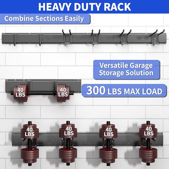 Tool Organizer Wall Mount, 32inch Heavy Duty Garden Tool organizer Storage System, Easy Install With 6 Adjustable Hooks, For Garage, Basement, Shed, Workshop(Black)