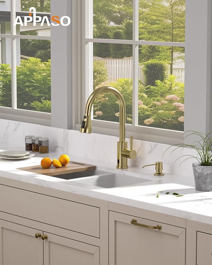 APPASO Touchless Kitchen Faucets Gold, Brushed Gold Kitchen Faucet Touchless, Touchless Kitchen Faucet with Pull-Down Sprayer and Soap Dispenser, Stainless Hands Free Faucet for Kitchen Sink 2-4 Hole