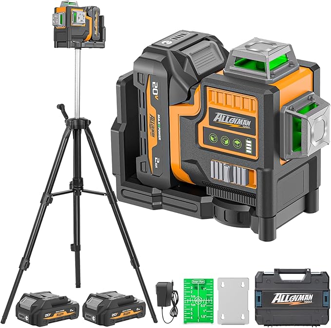 Alloyman Max 20V Laser Level with Tripod, 3x360° Self-Leveling Laser level, 3D Lazer Leveler Tool for Construction, Picture Hanging with Strong Magnetic Bracket & Hard Carry Case