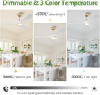 52 Inch Ceiling Fans with Lights and Remote, Dimmable 3 Blade Wood Outdoor Ceiling Fan for Patios Low Profile Modern Ceiling Fan with Light for Bedroom Living Room Indoor Gold White