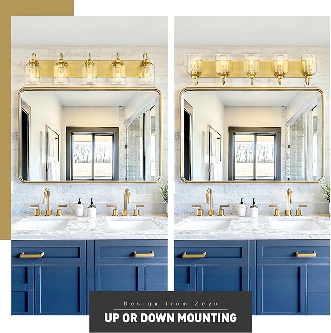 zeyu 36 Inch Bathroom Lighting Fixtures Over Mirror, Vintage Bathroom Light Fixtures, 5-Light Bathroom Light with Clear Glass Shade, Brushed Gold Finish, ZSL72B-5W BG