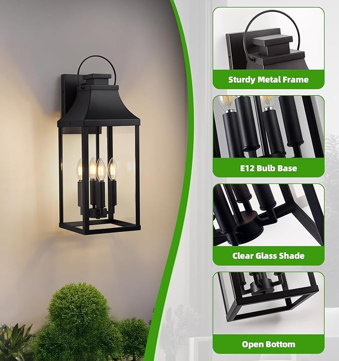 tewei 22'' Large Outdoor Wall Light, Porch Light Outdoor Wall Sconce Lantern, 4-Light Modern Black Exterior Lighting Fixture Wall Mount, Outside Light for House Garage, 1-Pack