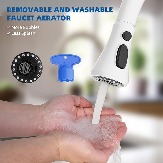 Hibbent Pull Down Spray Head for Kitchen Faucet, NSF/ANSI/CAN 61 & CUPC Certified 3-Function Spray Nozzle, 14 Adapters, Sink Faucet Head Replacement Compatible with Moen, Delta, Kohler, White