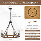 Farmhouse Wooden Wagon Wheel Chandelier 8 Lights 23.6'' Rustic Black Metal Light Fixtures Vintage Wood Round Chandelier for Living Dining Room Kitchen Entryway Foyer