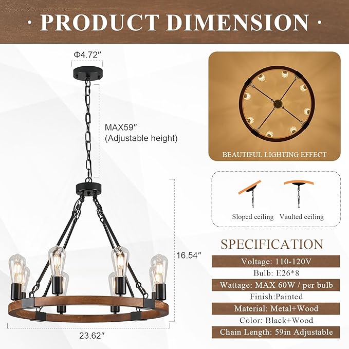 Farmhouse Wooden Wagon Wheel Chandelier 8 Lights 23.6'' Rustic Black Metal Light Fixtures Vintage Wood Round Chandelier for Living Dining Room Kitchen Entryway Foyer