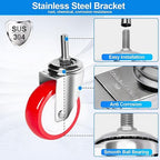 Stainless Steel Caster Wheels 4 inch, 3/8"-16x1 Threaded Stem Swivel Casters Set of 4, Non-Marking Silent Polyurethane PU Wheels for Furnitures,Restaurants,Labs,Hospital