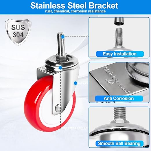 Stainless Steel Caster Wheels 4 inch, 3/8"-16x1 Threaded Stem Locking Casters Set of 4, Non-Marking Silent Polyurethane PU Wheels for Furnitures,Restaurants,Labs,Hospitals