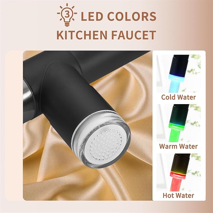 Fapully Kitchen Faucet, Black&Brushed Nickel Kitchen Faucet with Pull Down Sprayer, Commercial Kitchen Faucets with LED Light and Deck Plate