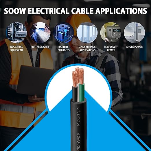 75ft 10/3 10 AWG Portable Power Cable (3 Conductor) - SOOW 600V 10 Gauge Electric Wire for Motor Leads, Portable Lights, Battery Chargers and Machinery - 3 Conductor - 75 Feet Electrical Cord