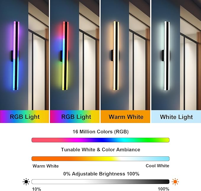 TODOLUZ 2-Pack 40-Inch Outdoor RGB Long Linear Wall Light Fixture, IP65 Waterproof 24W LED Exterior Wall Sconce Lighting with Remote Control for Indoor Party Garage