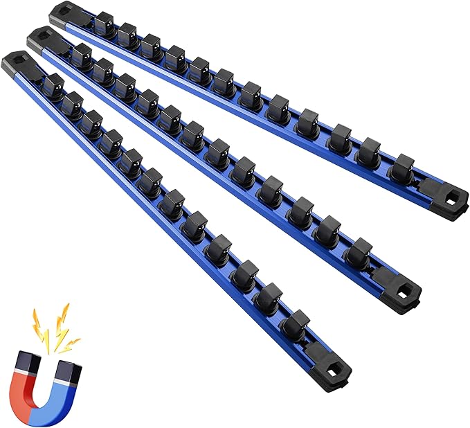 Magnetic Socket Organizer, 3-Piece Heavty Duty Aluminum Socket Holder, Socket Rail for Tool Box, Premium Quality 360° Swivel Socket Rack with 36 Clips for 1/2-Inch(Blue)