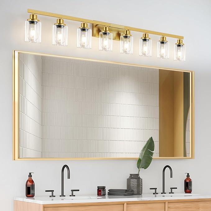 8 Light Gold Vanity Lights Over Mirror, 52inch Gold Bathroom Light Fixtures Modern Vanity Lights Gold Bathroom Wall Lighting for Mirror Bedroom,Living Room