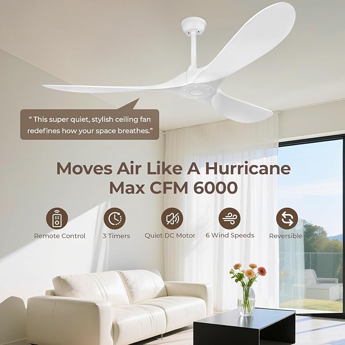 60 Inch Ceiling Fan Without Lights, White | Outdoor Ceiling Fan with Remote, 6-Speed Adjustable Reversible DC Motor for Patio & Living Room