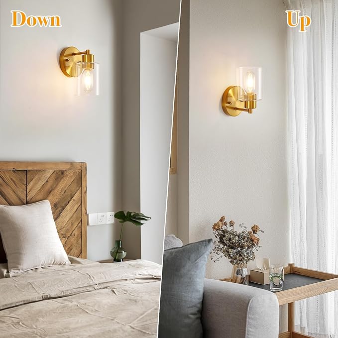 Brushed Gold Wall Sconce, Gold Vanity Light Modernbathroom Light fixtures with Clear Glass Shade Entrance Lamp Hallway Living Room Mount Bathroom Fixtures for Mirror (2PACK)